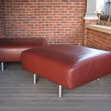 2 Available: CASSINA Piero Lissoni MET OTTOMAN, Red-Brown Leather, 34x34x16.5