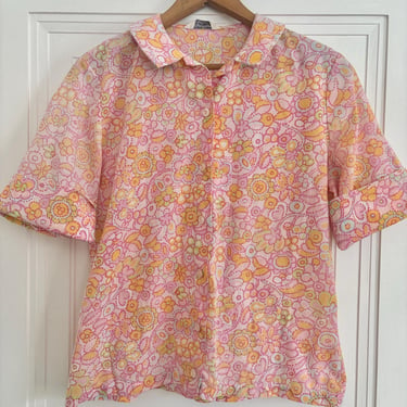 Vintage 60s Psychedelic Floral Collared Button Down Shirt Blouse Ladies Medium Small by TimeBa