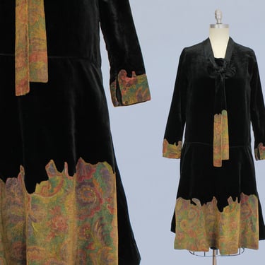1920s Dress / 20s Metallic Lame and Black Cotton Velvet Dress / Psychedelic Flapper 
