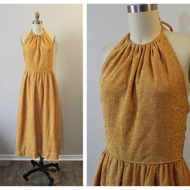 Vintage 60's 1960 Alice of California Orange Sherbert Lame Metallic Thread Shimmer Halter Dress // Modern US 4 6 