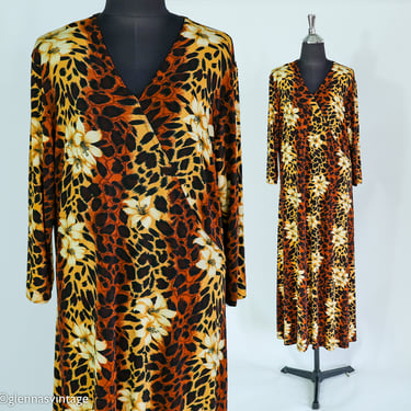 1980s Leopard Animal Print Caftan | 80s Brown Leopard Print & Flowers Maxi Dress | Carolyn Strauss | XLarge 