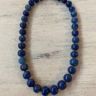 vintage beaded necklace, lapis lazuli, 1980s jewelry, bohemian, hippie style, blue and brass, barrel closure, 1970s necklace, stone beads 