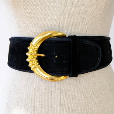 Vintage 80s Donna Karan Black Suede Adjustable Waist Belt w/ Large Brass Buckle | Made in Italy | 100% Genuine Leather | 1980s Designer Belt 