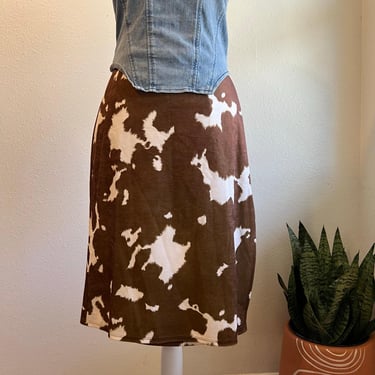 Vintage 90s Express Brown Cowhide Print Slit Side Skirt USA Made Size Small 