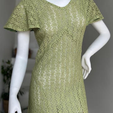 Amazing 1930s Soft Kiwi Cotton Lace Day Dress Butterfly Sleeves Vintage 38 Bust 