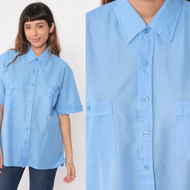 Light Blue Button Up Shirt Y2K Semi Sheer Striped Short Sleeve Collared Retro Basic Plain Preppy Haband Oxford Vintage 00s Men's Large L 