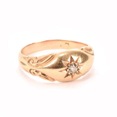 Antique 18K Gold Star Set Diamond Gypsy Ring, Solitaire Diamond with Star Setting and Carved Gold, 18K Gold Gypsy Ring, Size 6 1/4 