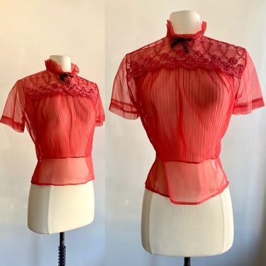 Vintage 50s Blouse / RED SHEER Nylon /  FLORAL Embroidered / Accordion Pleated High Neck + Bow / Deep Ruby Red / Fabulous 