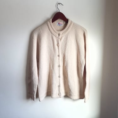 Vintage 1960's to 1970's Knit Acrylic Cardigan Sweater / M to L Ivory / Cream 