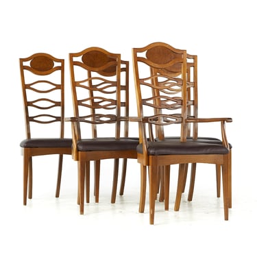 Young Manufacturing Mid Century Walnut and Burlwood Dining Chairs - Set of 6 - mcm 