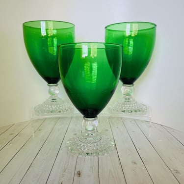 Vintage Anchor Hocking Forest Green Bubble Footed Boopie Burple Wine Cocktail Glasses Barware Sets of 3 and 4 Available 