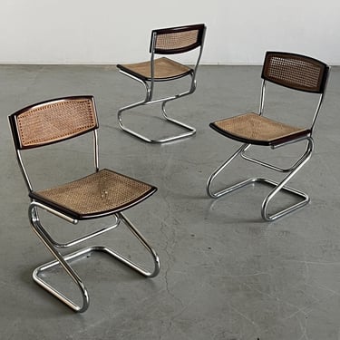 1 of 3 Vintage Cantilever Dining Chairs in Wood, Wickered Cane and Chrome in the Style of Marcel Breuer, Mid-Century Modern, 1970s Italy 