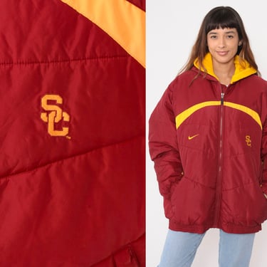 USC Jacket Y2K University Hooded Insulted Windbreaker Puffer Full Zip Up Nike Hoodie College Deep Red Yellow Vintage Men's Extra Large xl 