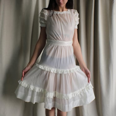 Vintage White Dress / 1930's to 40's Style Translucent Dress / Extra Small Ruffled Party Dress 