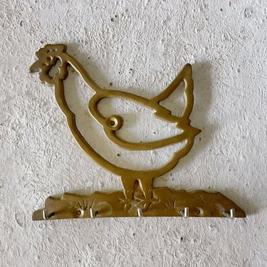 Vintage Brass Hen Key Holder, Jewelry Hooks, Wall Mount Hook 