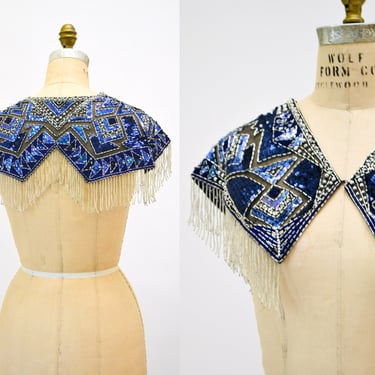 90s Vintage Blue Beaded Fringe Shawl Wrap Burlesque Wedding Flapper Blue Metallic Beaded Vintage Fringe Collar Shawl Showgirl 