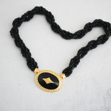1980s/90s Trifari Black Bead Necklace with Gold Oval Pendant 