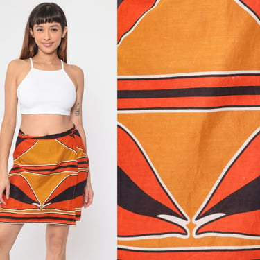 70s Wrap Skirt Boho Mini Skirt Abstract Geometric Print Miniskirt Summer High Waisted Cotton Orange Mustard Vintage 1970s Small Medium Large 