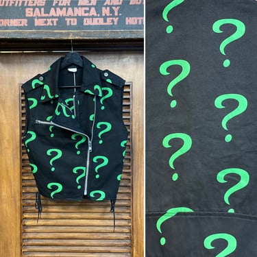 Vintage 1980’s “Lip Service” Brand Riddler Question Mark Cotton Twill Vest Jacket, 80’s Punk Vest, Vintage Biker Vest, Vintage Clothing 