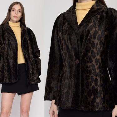 Small 90s Leopard Print Plush Faux Fur Coat | Vintage Maria Dionisiou Brown Black Mod Short Glam Winter Jacket 