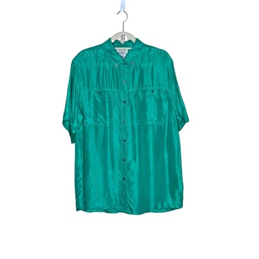 Vintage Venezia Green Silk Button Down Blouse Top, Size Large 