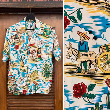 Vintage 1950’s Mexico Fiesta Pattern Rayon Hawaiian Shirt, 50’s Rockabilly Style, 50’s Tiki Shirt, Atomic Pattern, Vintage Clothing 