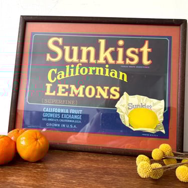 Vintage Sunkist Californian Lemon Fruit Crate Label | Wood Framed in Mint Condition | Farmhouse Kitchen Citrus Art Print Wall Hanging Decor 