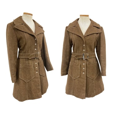 Vtg Vintage 1960s 60s 1970s 70s Military Style Huge Collar Belted Brown Jacket 