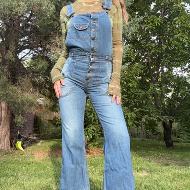 Vintage 70s Denim Flared Button Down Jumpsuit Overalls Coveralls XS S by TimeBa