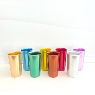 Vintage Mid century Modern 1950s 1960s Colorful Set of 8 Anodized Aluminum Metal Drinking Glasses / Tumblers by KROMEX 