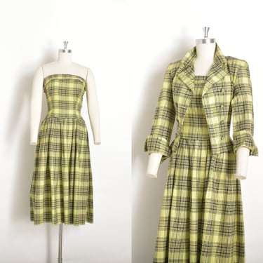 Vintage 1950s Dress / 50s Ceil Chapman Plaid Two Piece Set / Chartreuse Green ( small S ) 