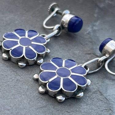 Frank Vacit ~ Vintage Zuni Sterling Silver and Inlay Set Blue Lapis Dangle Flower Screw Back Earrings 