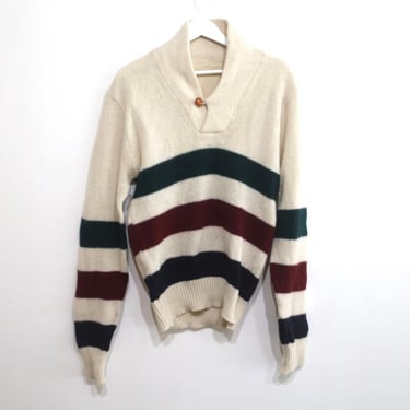 vintage HUDSON Bay style men's HENLEY wool cream & green vintage soft sweater -- men's size medium/large 