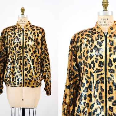80s 90s Vintage Sequin Jacket Black Small Medium Large Leopard Cheetah Animal Pattern// Glam Vintage Black Sequin Jacket Animal Modi Medium 