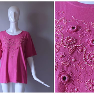 Vintage 1990s Private Party pink beaded jersey Top | 1990s 90s 2000s top 