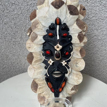 Vintage Brazilian Tribal Wood Mask Piranha Teeth Shells Bones 13”. 