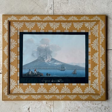 19th C. Neapolitan Gouache of the View of Vesuvius by Day I Circa 1822 in Yellow Gusto Painted Frame III