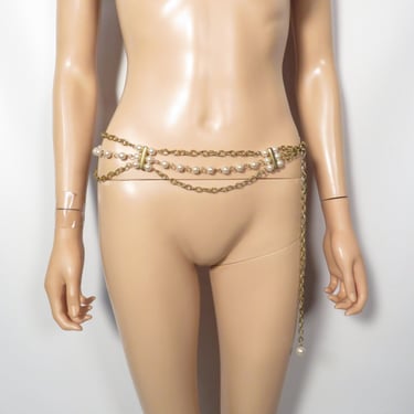 Vintage Adjustable Gold Chain And Pearl Belt 