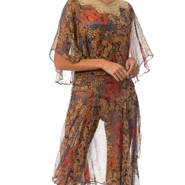 1920S Earth Tone Floral Silk Mousseline Dress With Lace Collar & Caped Bodice 