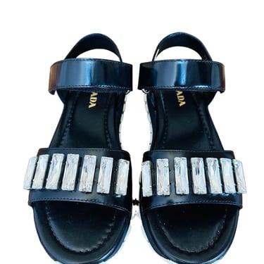 Prada Black Patent Leather Crystal Ankle Strap Sandals