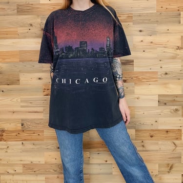 90's Chicago All Over Print Cityscape Travel Tee Shirt 