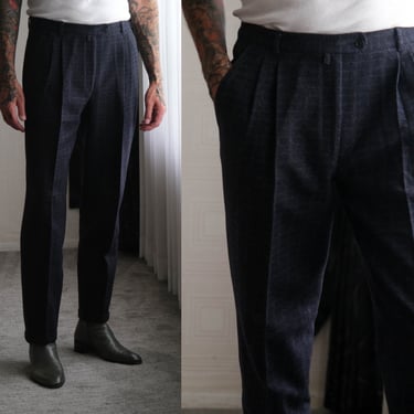 Vintage 80s GIANNI VERSACE Navy Blue & Gray Windowpane Wool Pants w/ Leather Trim Pockets | Made in Italy | 1980s VERSACE Designer Slacks 