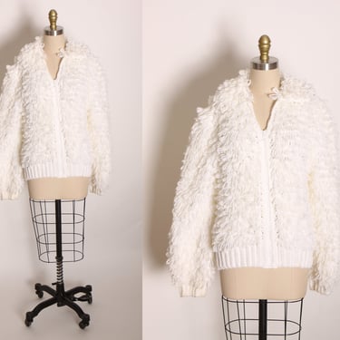 1970s White Fuzzy Crochet Zip Up Front Faux Fur Look Jacket -L 