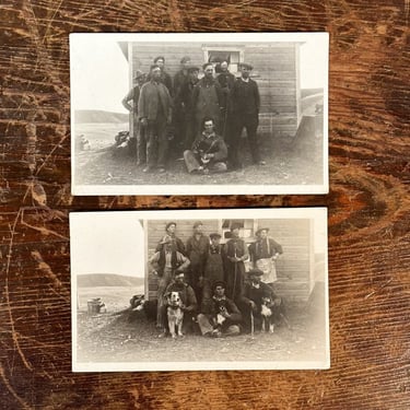 Antique Postcard Set of Workers in Denim Workwear in Remote Location - 2 Unique Poses with Dogs - Early 1900s - Work Boots - Jackets - Rare 