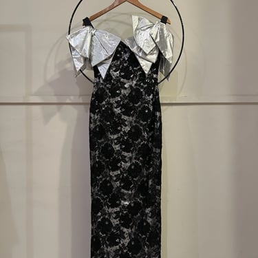 80s Metallic Silver Lace Gown With Accent Bow Shoulder Detail