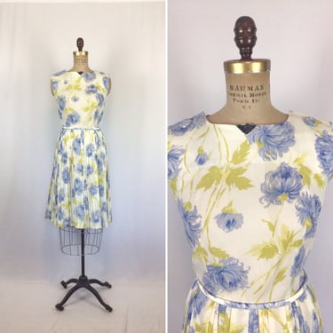 Vintage 50s dress | Vintage blue green print fit and flare dress | 1950s floral  print dress 
