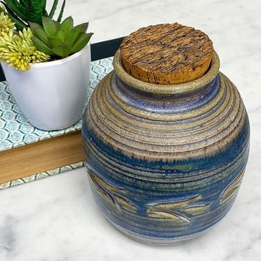 Vintage Corked Crock Retro 1990s Farmhouse + Handmade + Stoneware + Blue + Green + Beige + Carved Flower + Kitchen Storage or Decor + 
