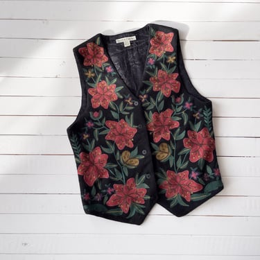 embroidered wool vest 90s vintage black red floral chainstitch embroidery waistcoat 