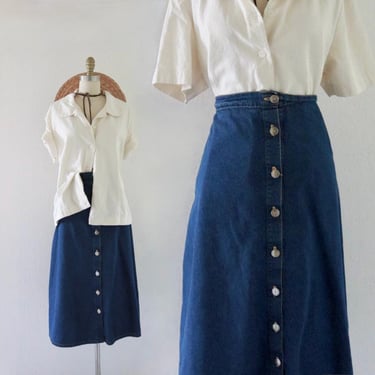 denim button skirt - 32-36 - vintage 90s y2k blue jean womens long minimal casual comfortable simple skirt 