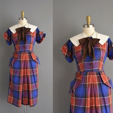 1950s dress | Suzy Brooks Plaid Cotton Print Shirtwaist Dress | Medium | 50s vintage dress 